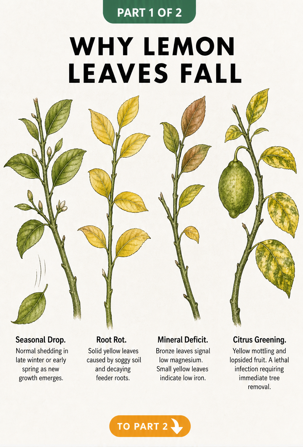Botanical illustration showing four lemon branches with different leaf symptoms: seasonal drop, root rot, mineral deficit, and citrus greening.