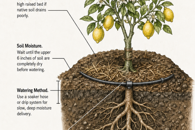Cross-section illustration of a planted lemon tree showing a raised bed, soil moisture level, drip irrigation, and resistant rootstock.