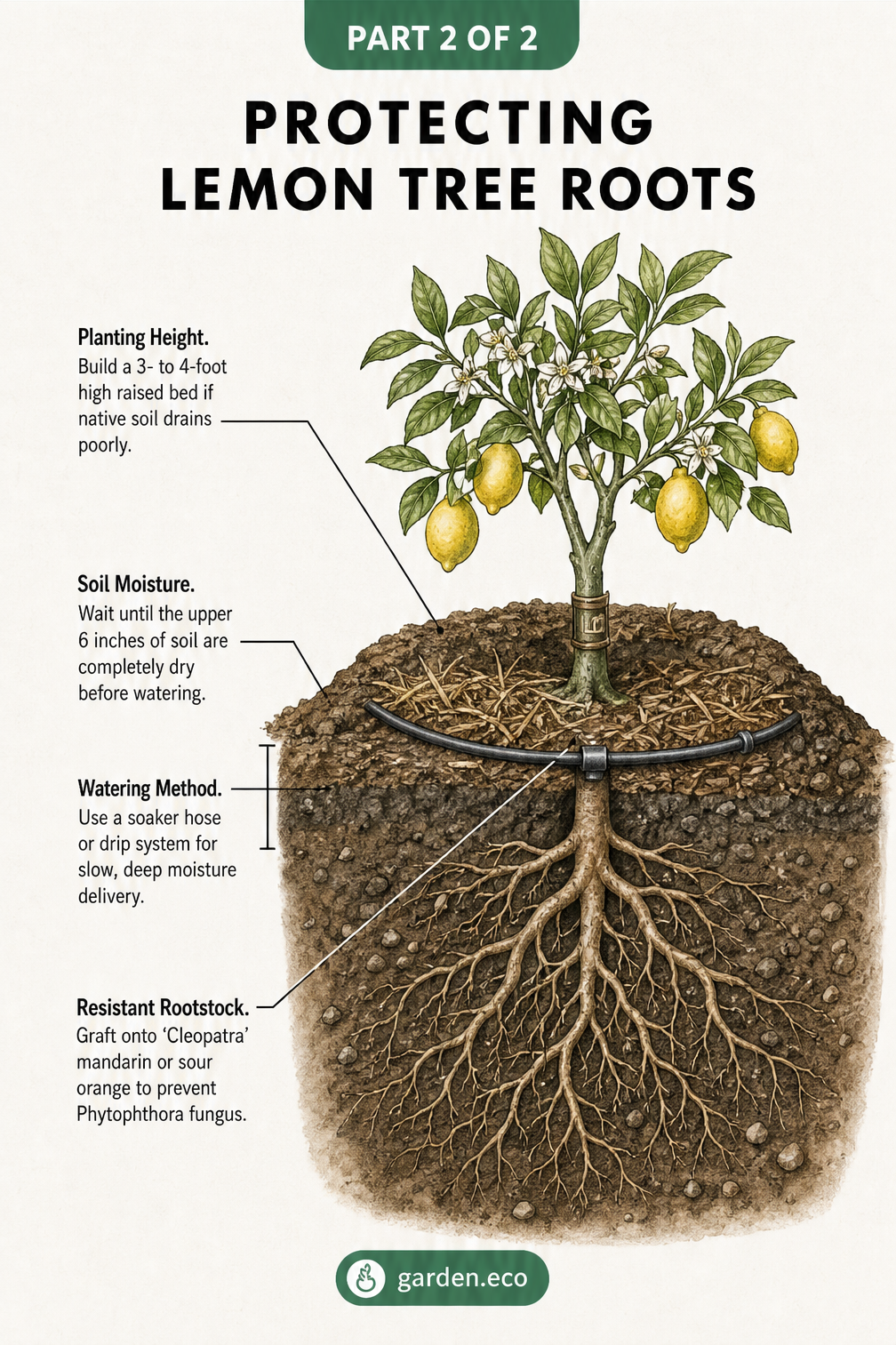 Cross-section illustration of a planted lemon tree showing a raised bed, soil moisture level, drip irrigation, and resistant rootstock.