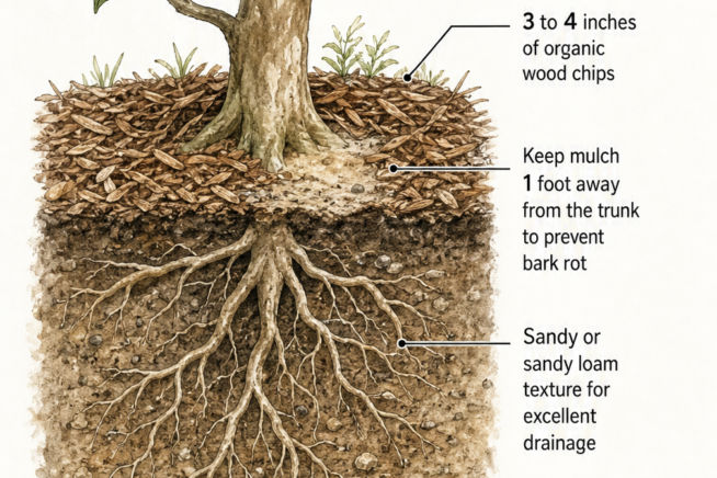 Cross-section illustration of lemon tree roots showing sandy loam soil, proper mulch placement, and ideal pH levels.