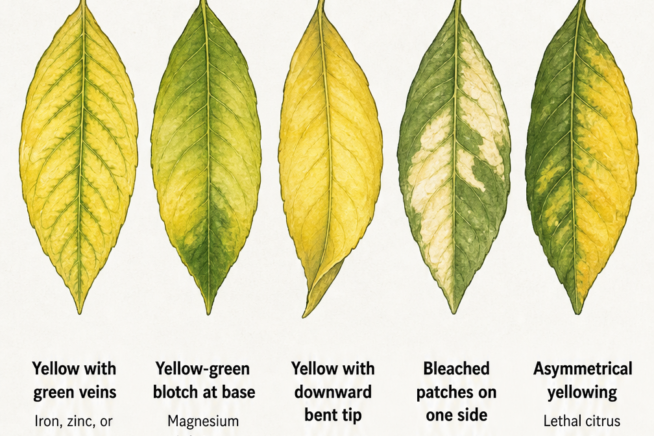 Botanical illustration of five lemon leaves showing different yellowing patterns like magnesium deficiency and sunburn.