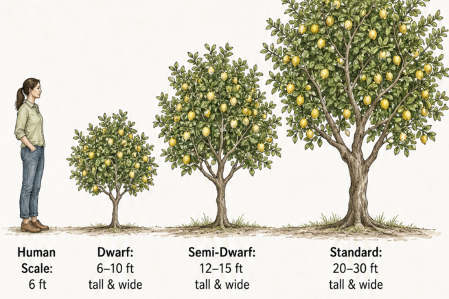 Illustration comparing the mature sizes of dwarf, semi-dwarf, and standard lemon trees next to a six-foot human.
