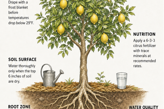Cross-section illustration of a lemon tree showing care tips for the canopy, soil surface, and root zone to prevent yellow leaves.