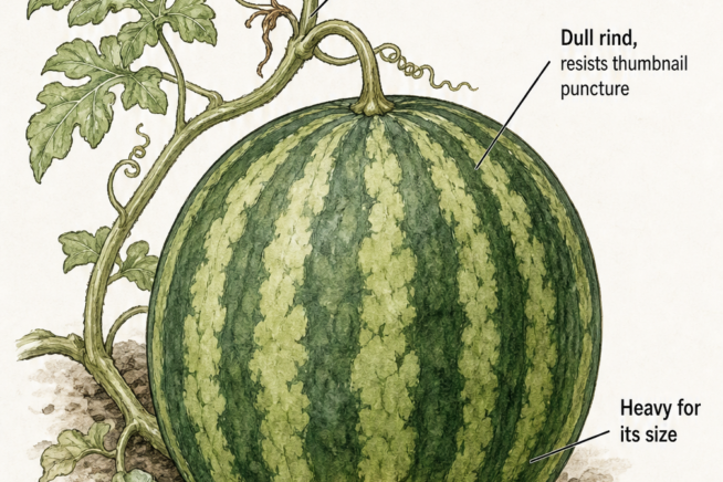 Botanical illustration of a ripe watermelon on the vine showing signs of readiness like a brown tendril, dull rind, and yellowish ground spot.