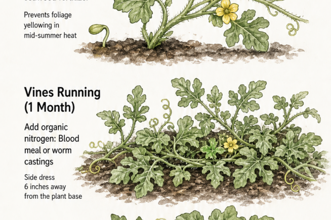 Botanical illustration showing watermelon fertilizer needs across three growth stages: germination, vines running, and fruit set.