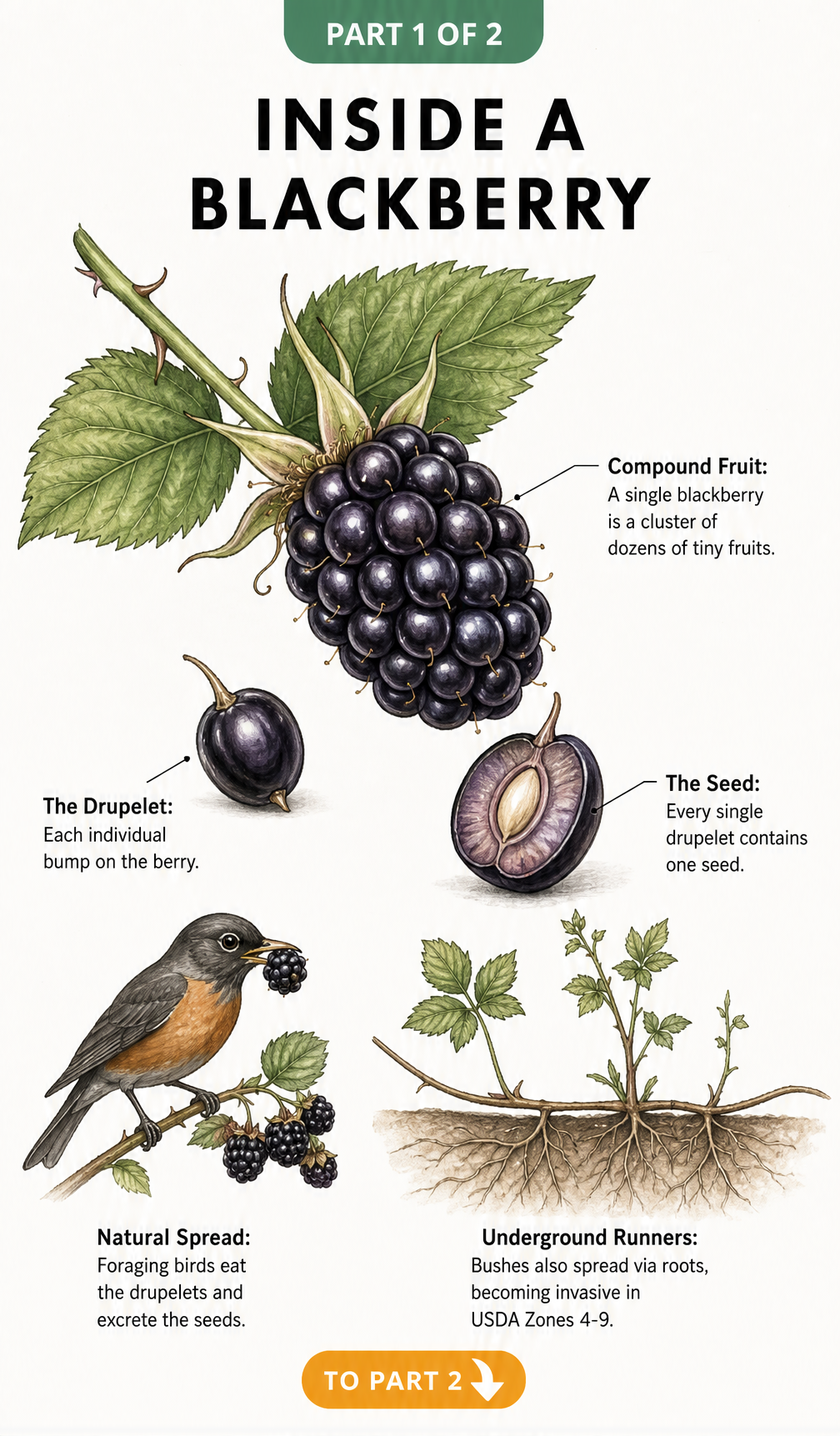 Botanical illustration showing the anatomy of a blackberry, highlighting a single drupelet and its inner seed.