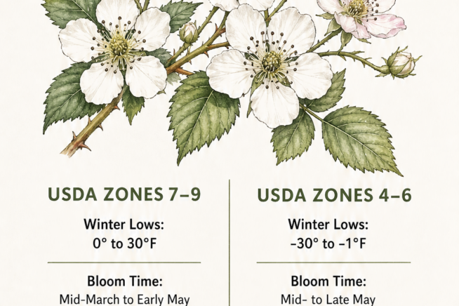 Botanical illustration comparing blackberry bloom times and chill hour requirements across USDA hardiness zones 4 through 9.