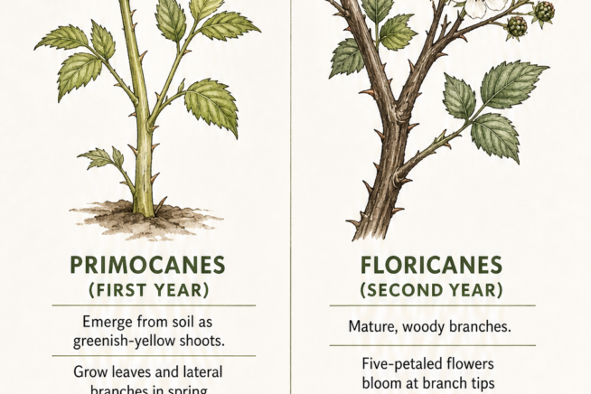 Botanical illustration showing the difference between first-year primocanes and second-year blooming floricanes on a blackberry bush.