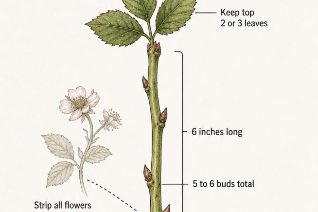 Botanical illustration of a blackberry primocane stem cutting showing where to cut, strip leaves, and apply rooting hormone.