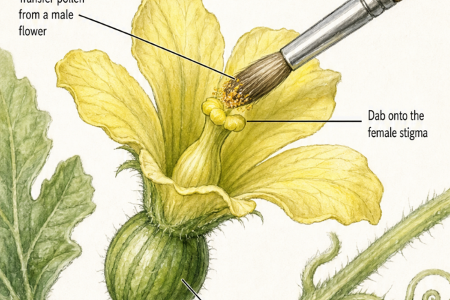 Close-up botanical illustration showing hand pollination of a watermelon blossom, using a soft brush to transfer pollen from a male flower onto the stigma of a...