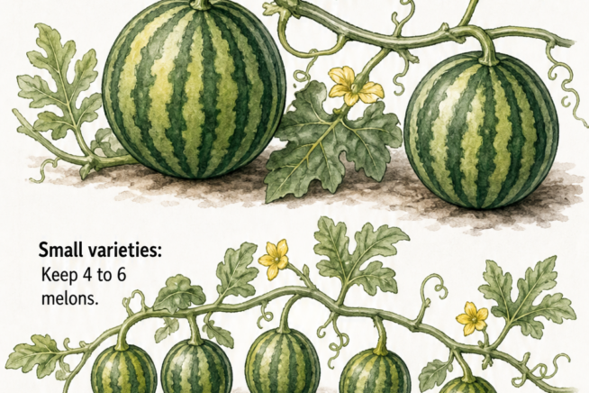 Illustration showing how many watermelons to leave on a plant, with large varieties keeping two and small varieties keeping four to six.