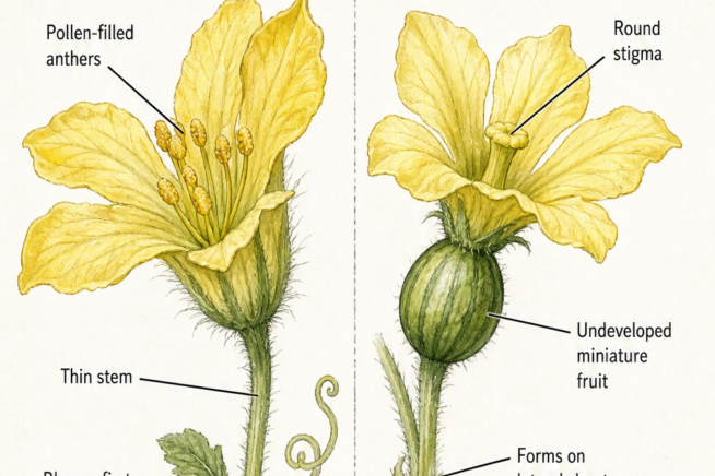 Botanical illustration comparing male and female watermelon blossoms, highlighting the thin stem and pollen-filled anthers of the male flower versus the round...