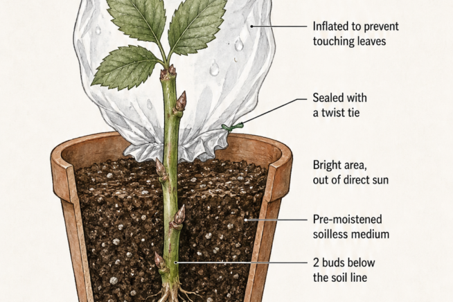 Cross-section illustration of a potted blackberry cutting inside a clear plastic bag acting as a mini greenhouse.
