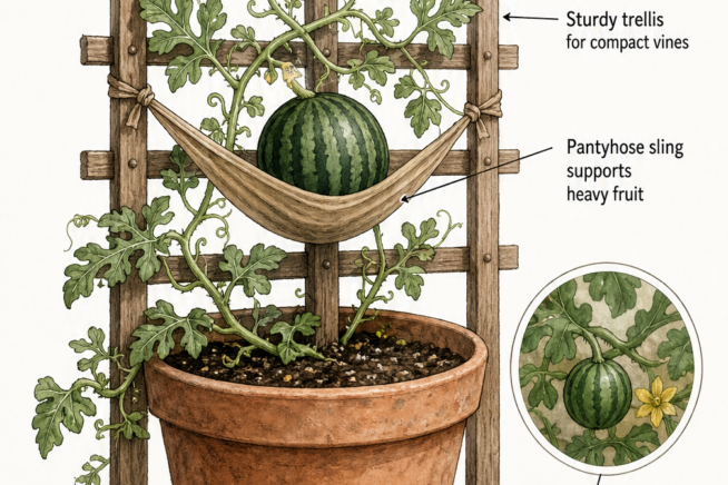 Illustration of a potted Sugar Baby watermelon plant growing on a trellis with a pantyhose sling supporting the fruit.