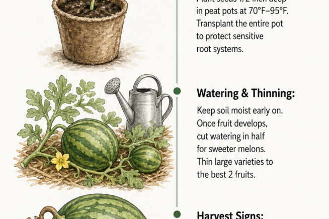 Care timeline for seedless watermelons showing indoor seed starting, watering and thinning, and signs of a ripe harvest.