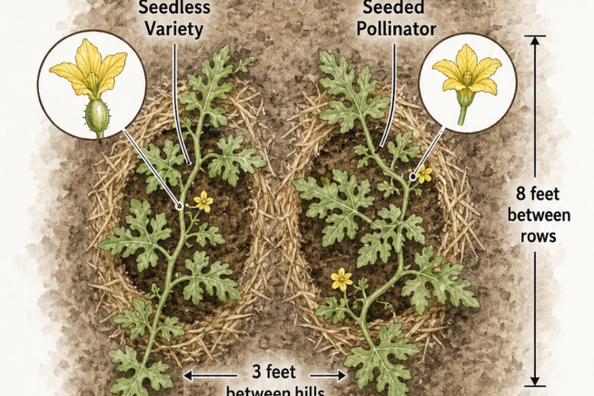 Illustration of a seedless watermelon pollination layout showing a seedless variety planted next to a seeded pollinator with 3 feet between hills.