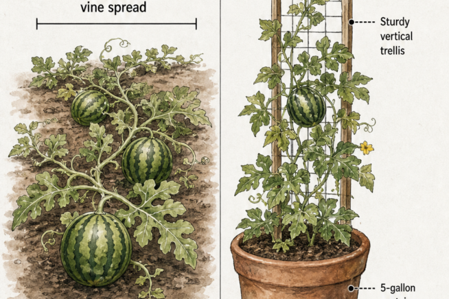 Comparison of watermelon planting methods showing a sprawling vine on the ground versus a space-saving container plant growing vertically on a trellis.