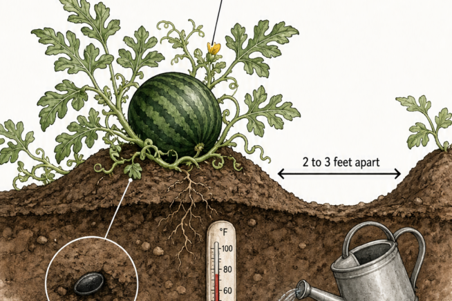 Botanical illustration showing how to plant Sugar Baby watermelons, including seed depth, soil temperature, and spacing.