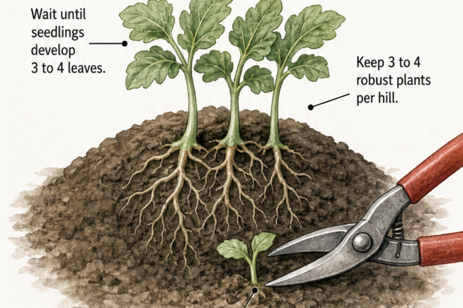 Botanical illustration of thinning watermelon seedlings, showing three robust plants kept per hill and unwanted seedlings clipped at ground level.
