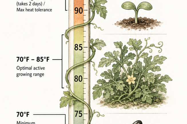 Botanical illustration showing watermelon growth stages and ideal temperatures from seed germination to mature vine