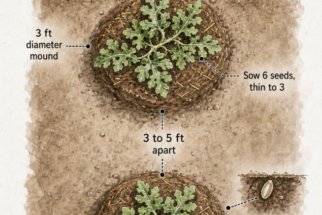Illustration showing watermelon mound spacing with 3 foot diameter mounds spaced 3 to 5 feet apart and 8 feet between rows.
