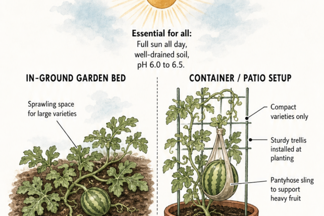 Side-by-side illustration comparing watermelon planting in a garden bed versus a container with a trellis