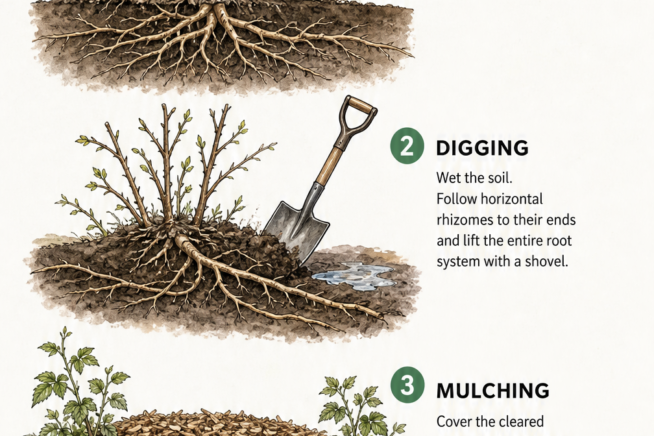 Illustration showing four phases of eradicating wild blackberry bushes: pruning, digging, mulching, and tilling.