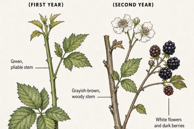 Botanical illustration comparing a green primocane and a woody floricane of a thornless blackberry plant