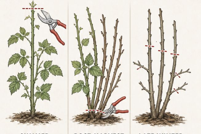 Three-step pruning schedule for thornless blackberries showing summer, post-harvest, and late winter cuts