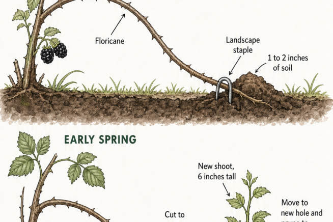 Botanical illustration showing how to tip layer trailing blackberries by bending a floricane to the ground, securing it with a landscape staple, and cutting...