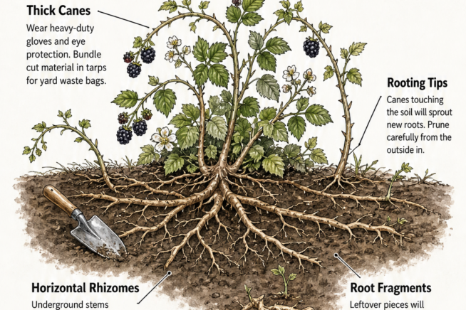 Diagram of a wild blackberry plant showing thick canes, rooting tips, horizontal rhizomes, and root fragments.