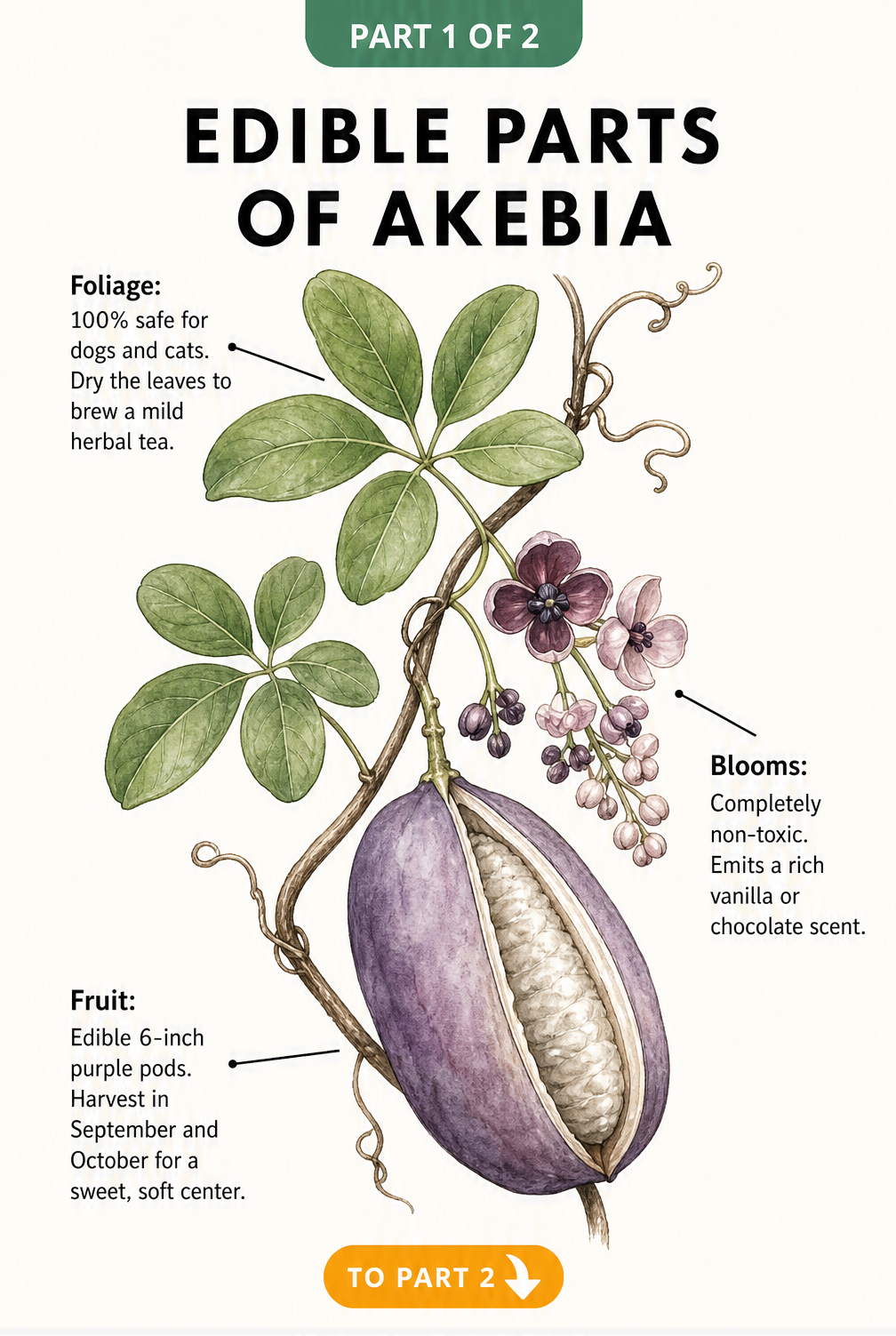 Botanical illustration of Akebia quinata showing edible leaves, non-toxic blooms, and purple fruit pods.