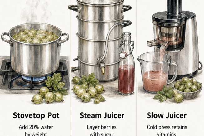 Illustration comparing three methods for juicing gooseberries: stovetop pot, steam juicer, and slow juicer