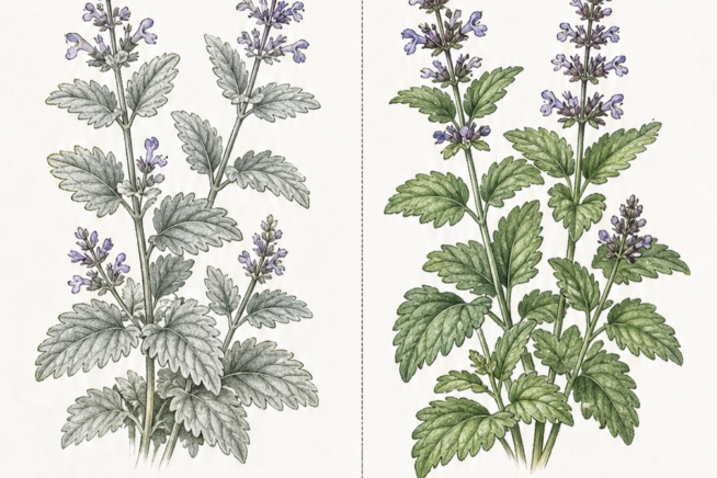 Illustration comparing gray-leaved and green-leaved catnip plants with their specific growing requirements.