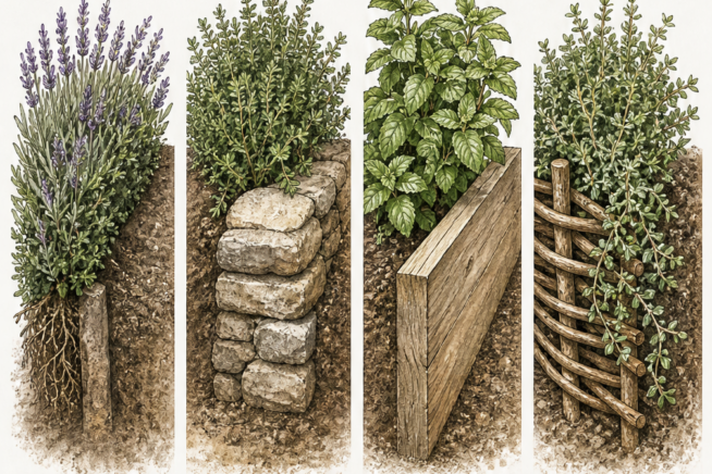 Cross-section illustrations showing four herb garden edging options: living hedges, natural stone, hardwood boards, and woven wattle.