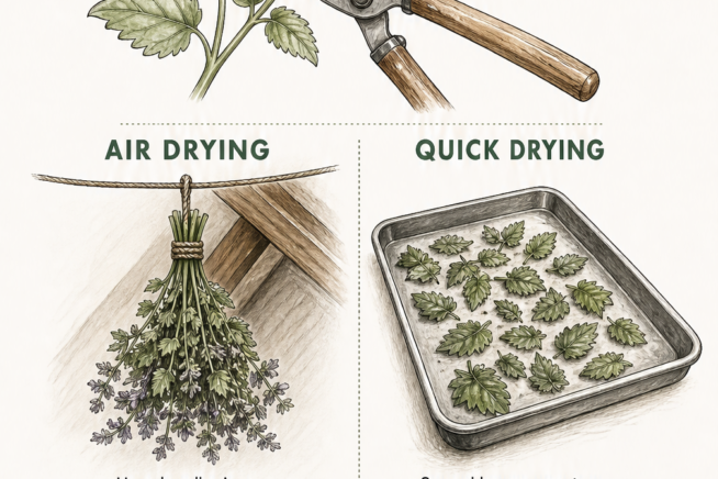 Illustration showing how to harvest, air dry, quick dry, and store catnip leaves to preserve essential oils