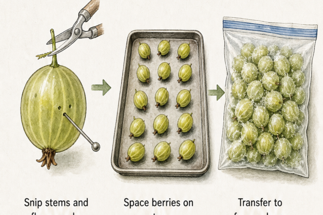 Illustration showing how to prepare gooseberries for freezing by snipping stems, pricking the skin, and flash-freezing on a tray.
