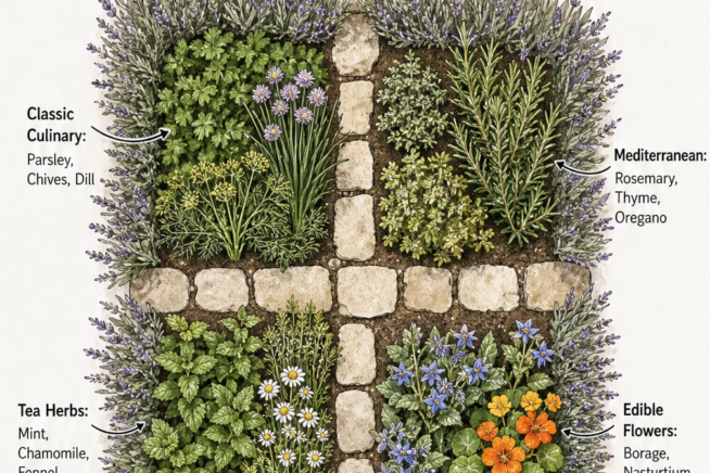 Top-down illustration of a square kitchen herb garden layout divided into four quadrants by stepping stones, surrounded by a lavender border.