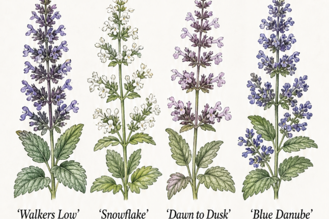 Four standout catnip varieties including Walkers Low, Snowflake, Dawn to Dusk, and Blue Danube showing their unique flower colors.