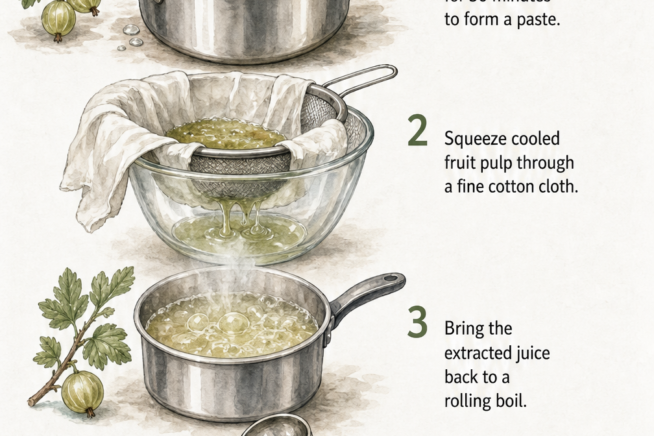 Step-by-step illustration showing how to make stovetop gooseberry juice from simmering berries to bottling