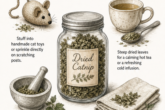 Illustration of a jar of dried catnip surrounded by uses like cat toys, tea, seasoning, and skin poultices