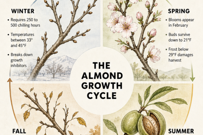 Circular botanical illustration showing the four seasonal growth stages of an almond tree, from winter dormancy to summer harvest.