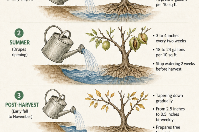 Chart illustrating the seasonal watering needs of an almond tree, showing peak water usage during summer drupe ripening.
