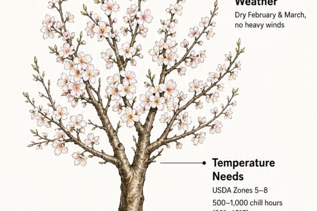 Botanical illustration of a blooming apricot tree showing climate, temperature, and soil requirements for optimal growth.