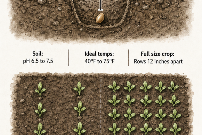 Illustration showing baby spinach seed planting depth, soil pH, ideal temperatures, and spacing for rows versus dense baby crops.