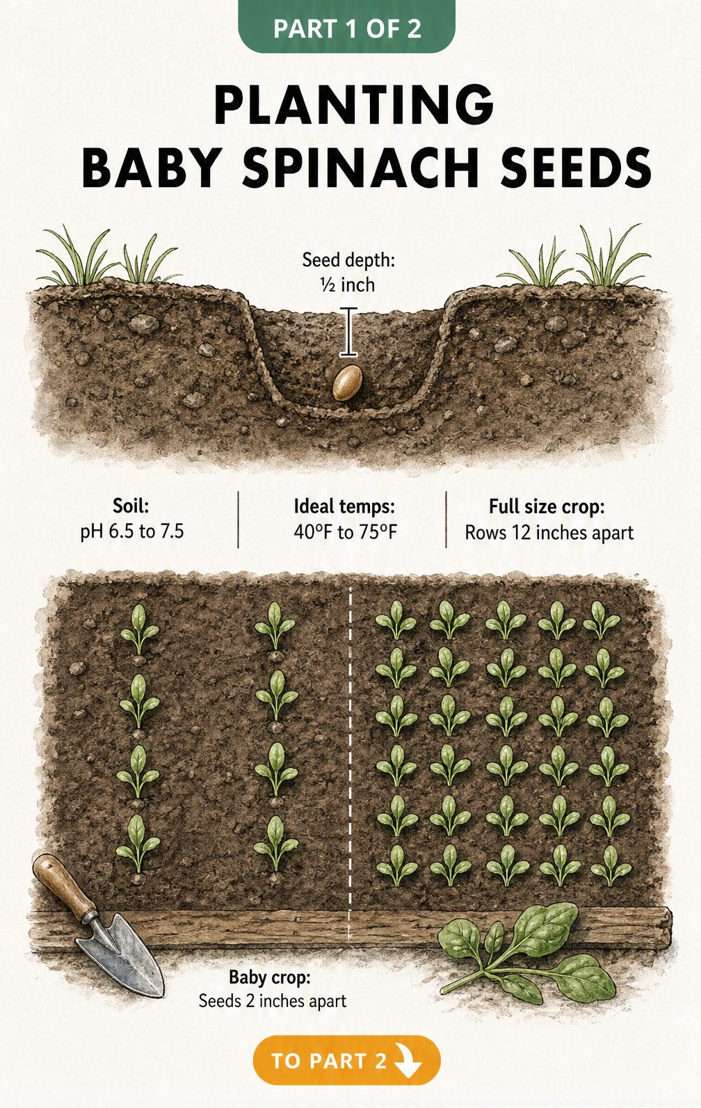 Illustration showing baby spinach seed planting depth, soil pH, ideal temperatures, and spacing for rows versus dense baby crops.