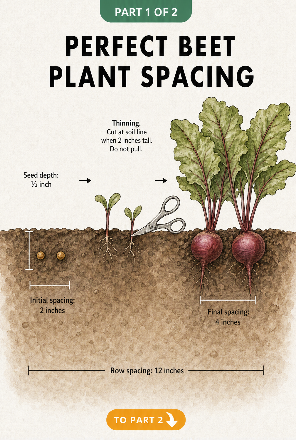 Botanical cross-section illustration showing beet seed depth, initial spacing, thinning process, and final plant spacing in the soil.