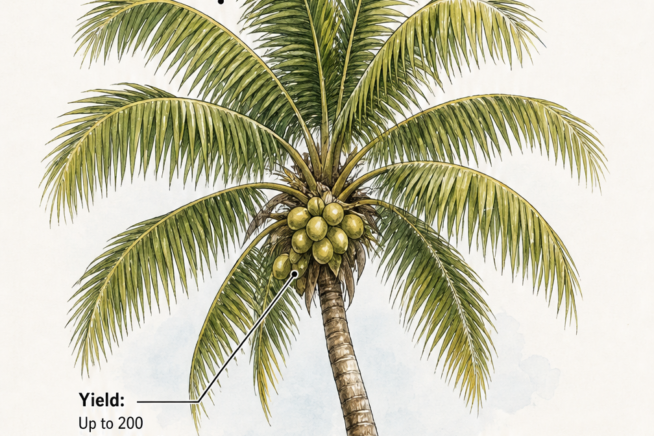 Botanical illustration of a mature coconut palm tree showing height, spread, frond size, and fruit yield.