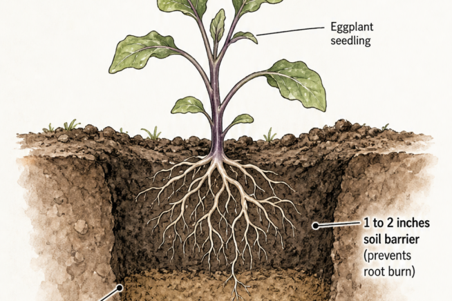 Cross-section illustration of an eggplant seedling planted in garden soil with a soil barrier and fertilizer at the bottom of the hole.