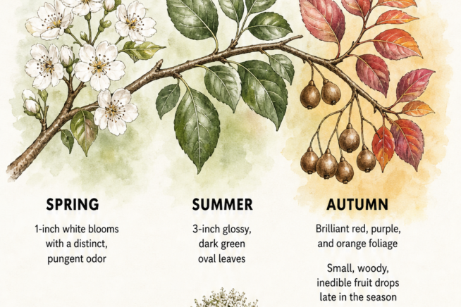 Watercolor illustration of a flowering pear tree branch showing spring blooms, summer foliage, and autumn colors with small fruits.